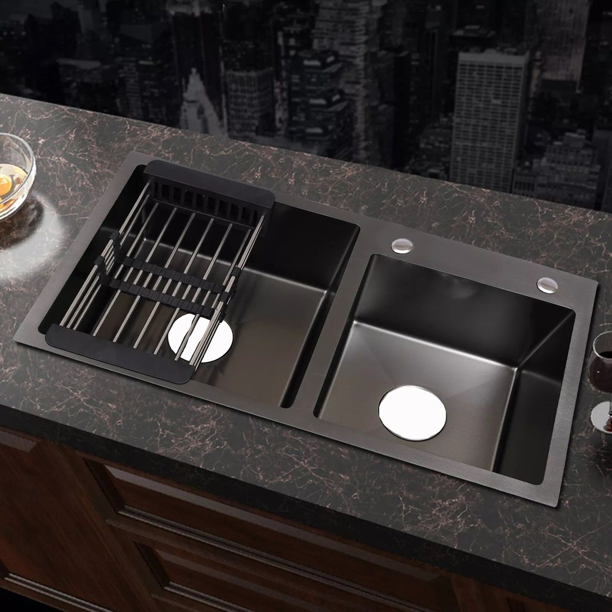 KUANGYE - Lavaplatos Doble 82x45 Acero Black Con Rejilla + Dispensador