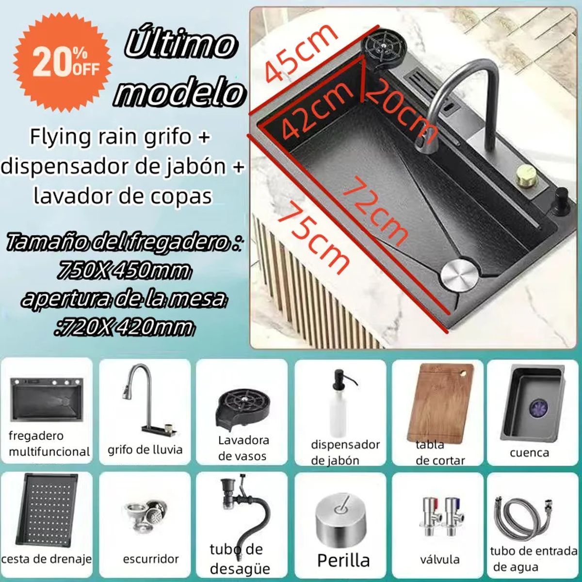 KUANGYE - Fregadero Cocina 304 Acero Inoxidable Con Accesorios 75*45