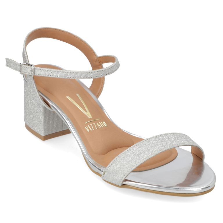 Sandalia Fiesta Taco Ancho Plateado Mujer
