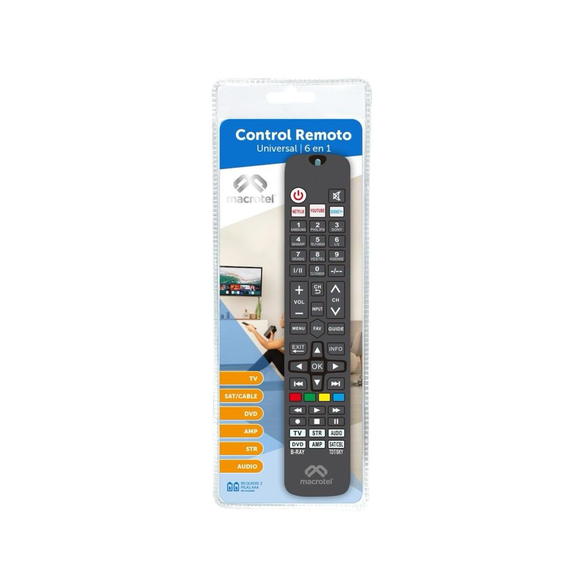MACROTEL - Control Remoto Universal / 6 en 1 Smart TV
