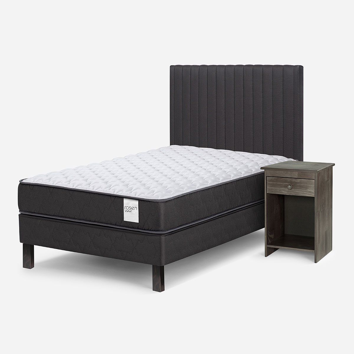 ROSEN - Cama Europea Wave 1 Plaza + Respaldo Lucio Grafito + Velador