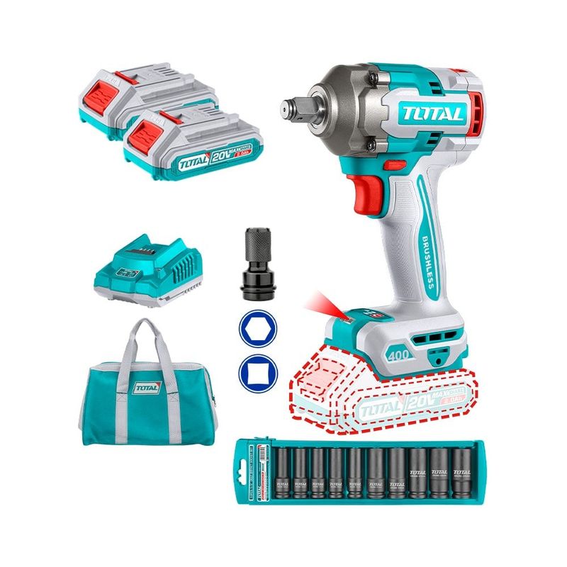 TOTAL TOOLS - Llave Impacto 1/2 400 Nm+ 2 Bat 2ah+ Car + Bolso + Set de Dados Total