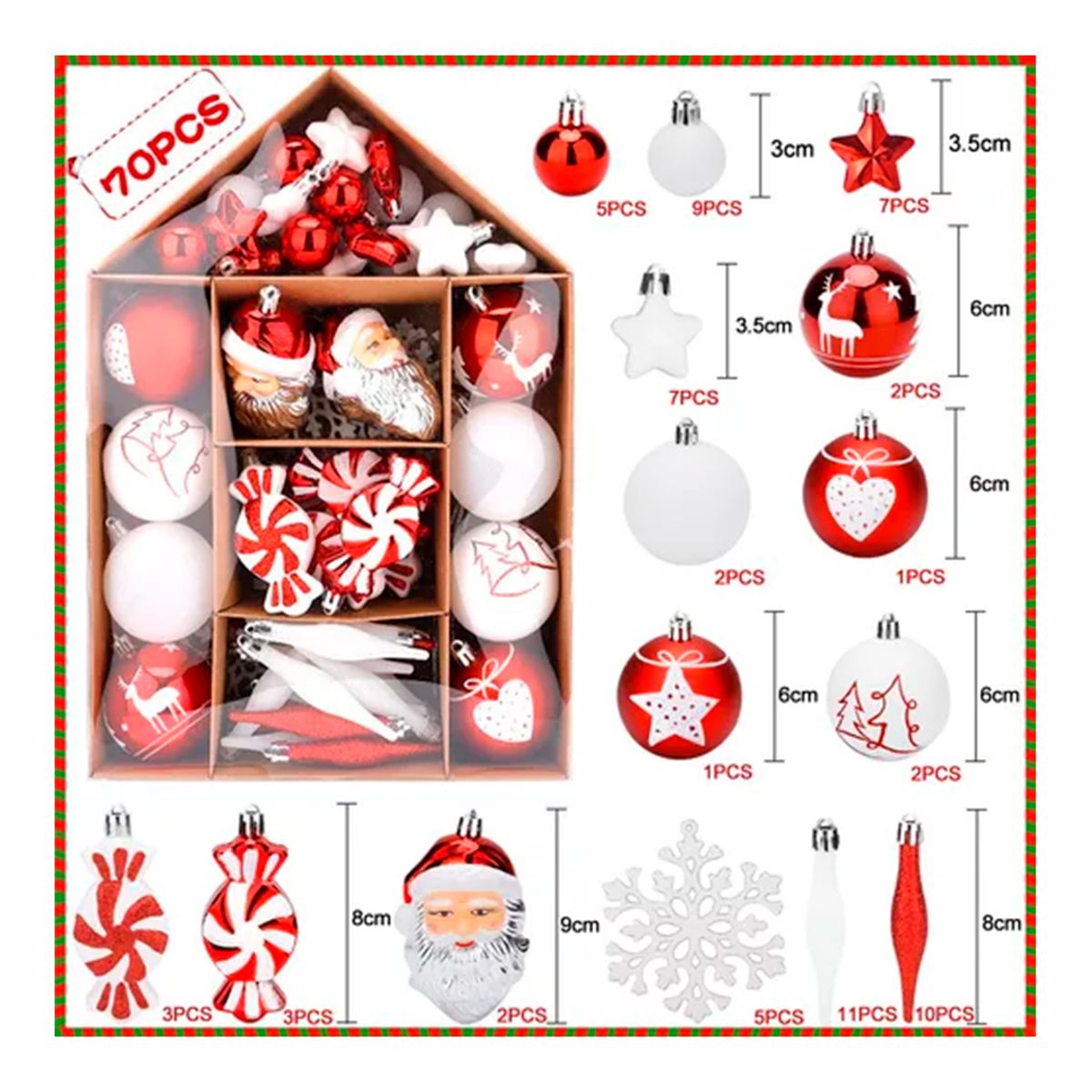GENERICO - Paquete De 70 Esferas Navideñas Decoración Rojo Blanco