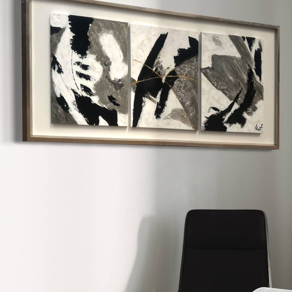 DEKAM DISEÑO - CUADRO TRIPTICO  PINTADO ABSTRACTO PLATEADO ENMARCADO 146X66 CMS