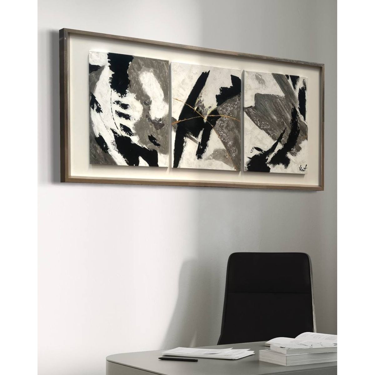 DEKAM DISEÑO - CUADRO TRIPTICO  PINTADO ABSTRACTO PLATEADO ENMARCADO 146X66 CMS