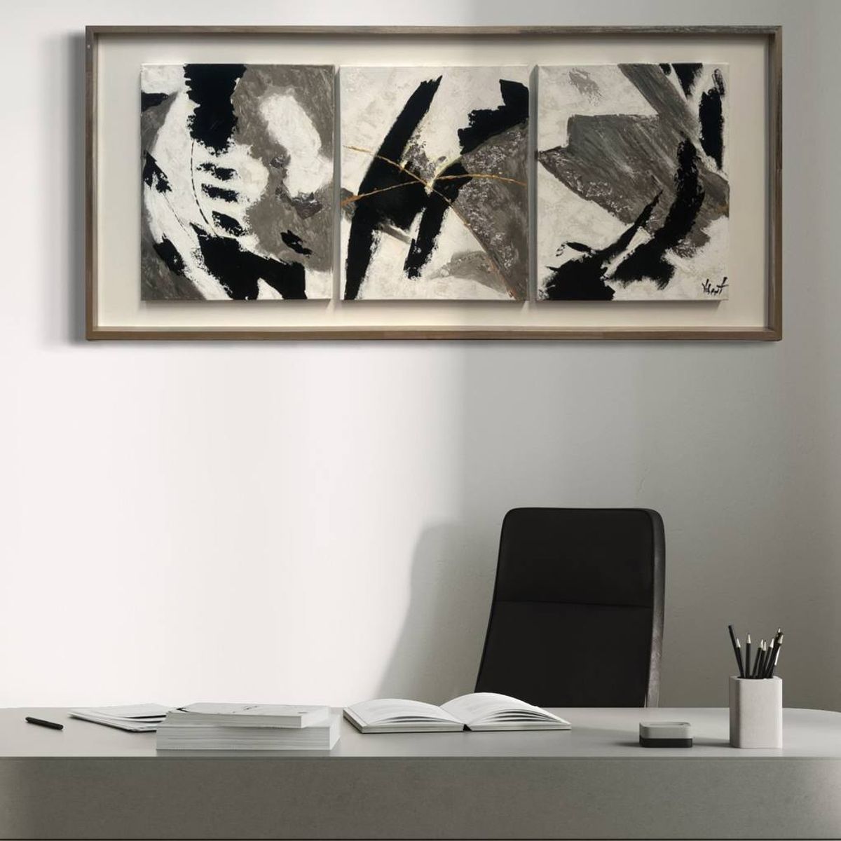 DEKAM DISEÑO - CUADRO TRIPTICO  PINTADO ABSTRACTO PLATEADO ENMARCADO 146X66 CMS