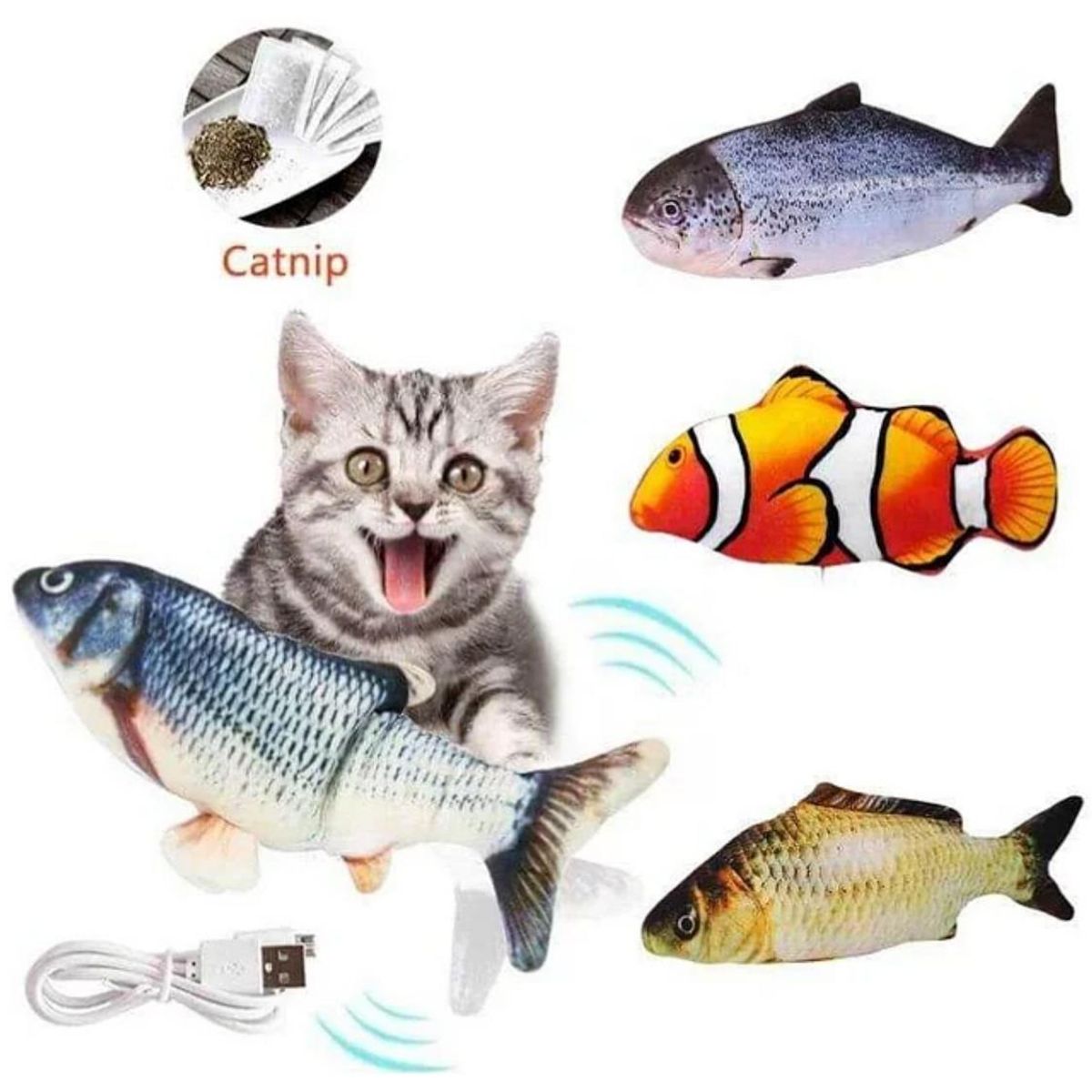 GENERICO - Pez Peluche Gato Con Movimiento Recargable + Catnip USB - Naranja - KL-160-Naranja-1