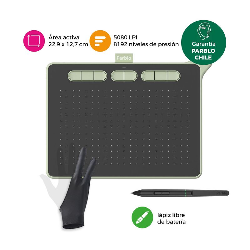 PARBLO - Tableta Gráfica Digitalizadora Parblo Ninos M Green con Guante