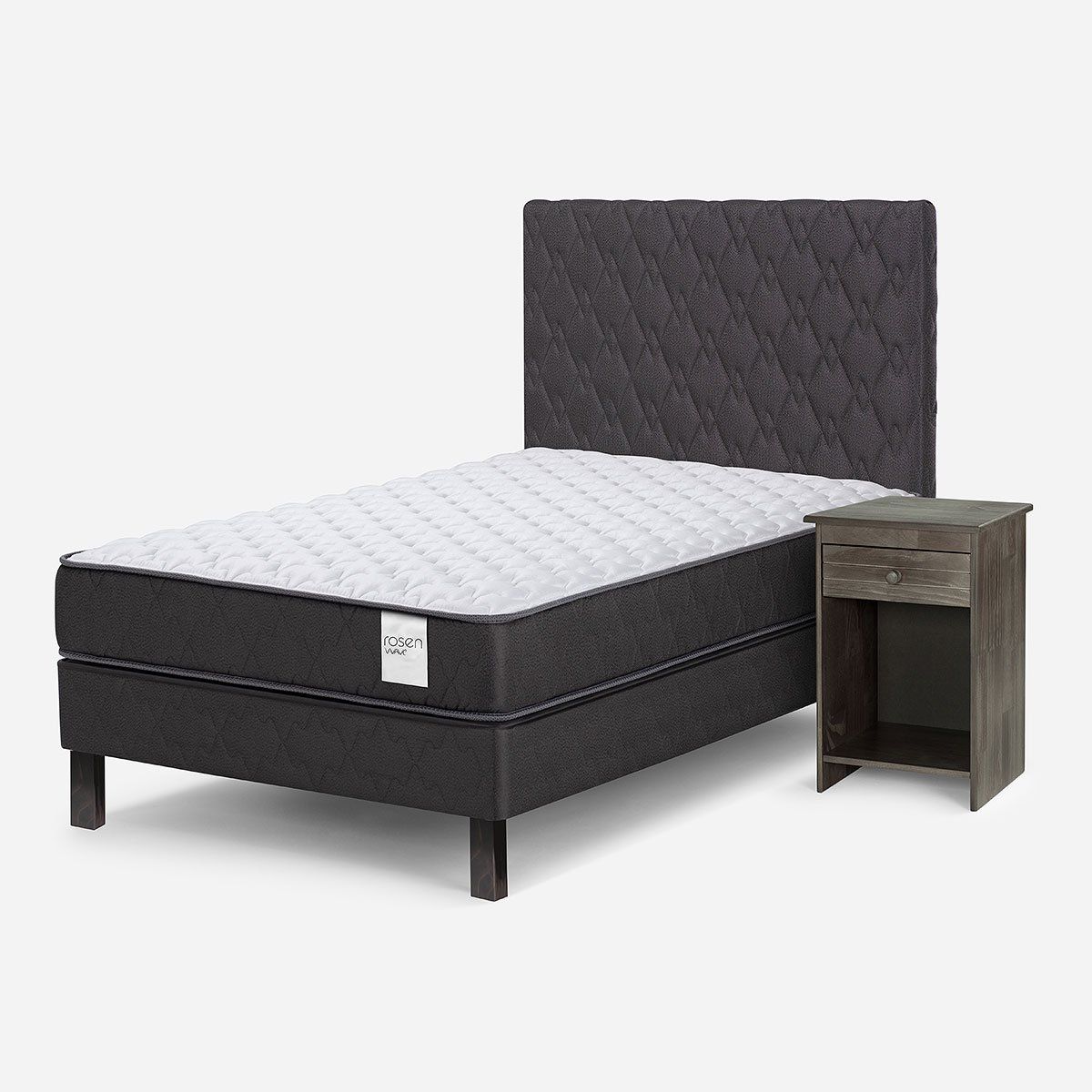 ROSEN - Cama Europea Wave 1 Plaza + Respaldo Ivar Grafito + Velador