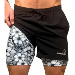KONKO ACTIVE - Short Deportivo Hombre Con Calza 2 en 1 Black Out Konko