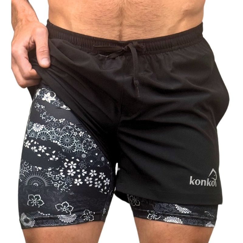 KONKO ACTIVE - Short Deportivo Hombre Con Calza 2 en 1 Black Hawai Konko