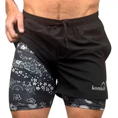 KONKO ACTIVE - Short Deportivo Hombre Con Calza 2 en 1 Black Hawai Konko