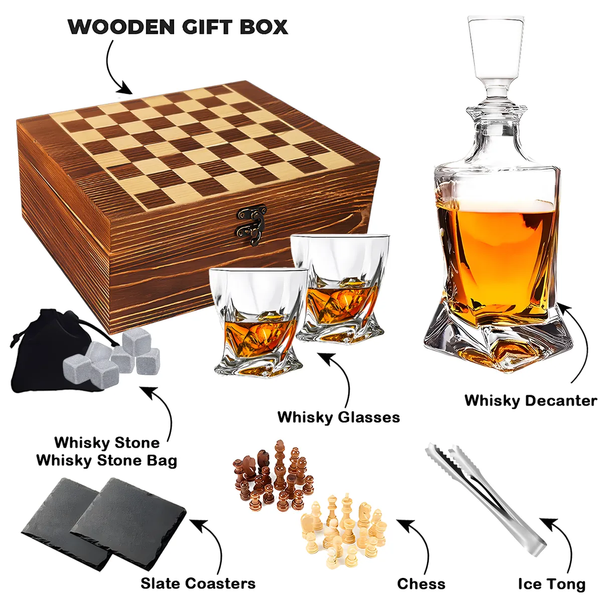 TOLVA - Set Deluxe juego ajedrez madera con botella para whisky