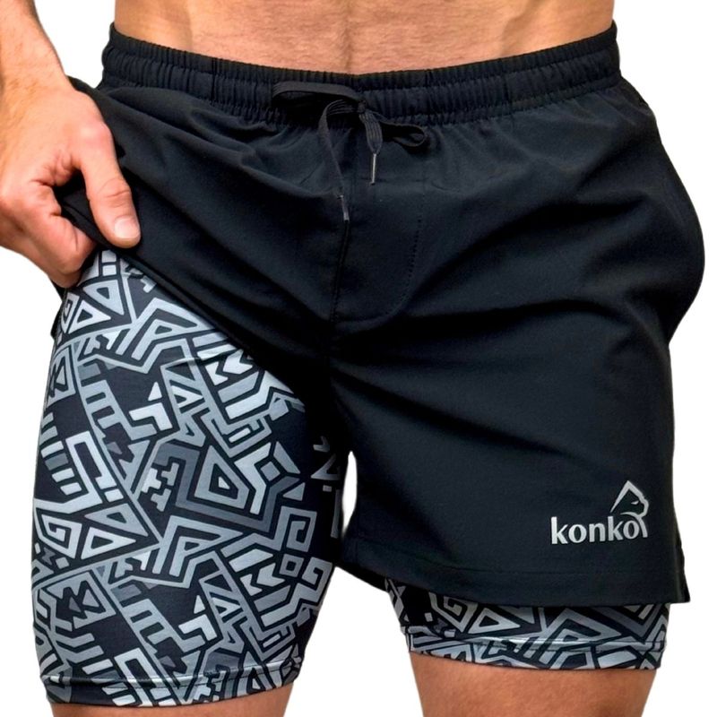 KONKO ACTIVE - Short Deportivo Hombre Con Calza 2 en 1 Black Maze Konko
