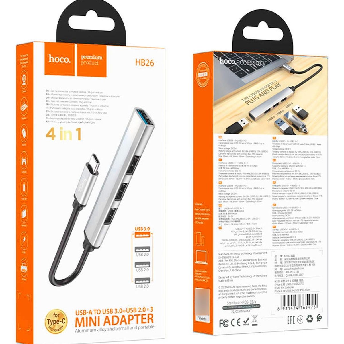 HOCO - HUB USB HOCO PREMIUM HB26 4 EN 1 3.0
