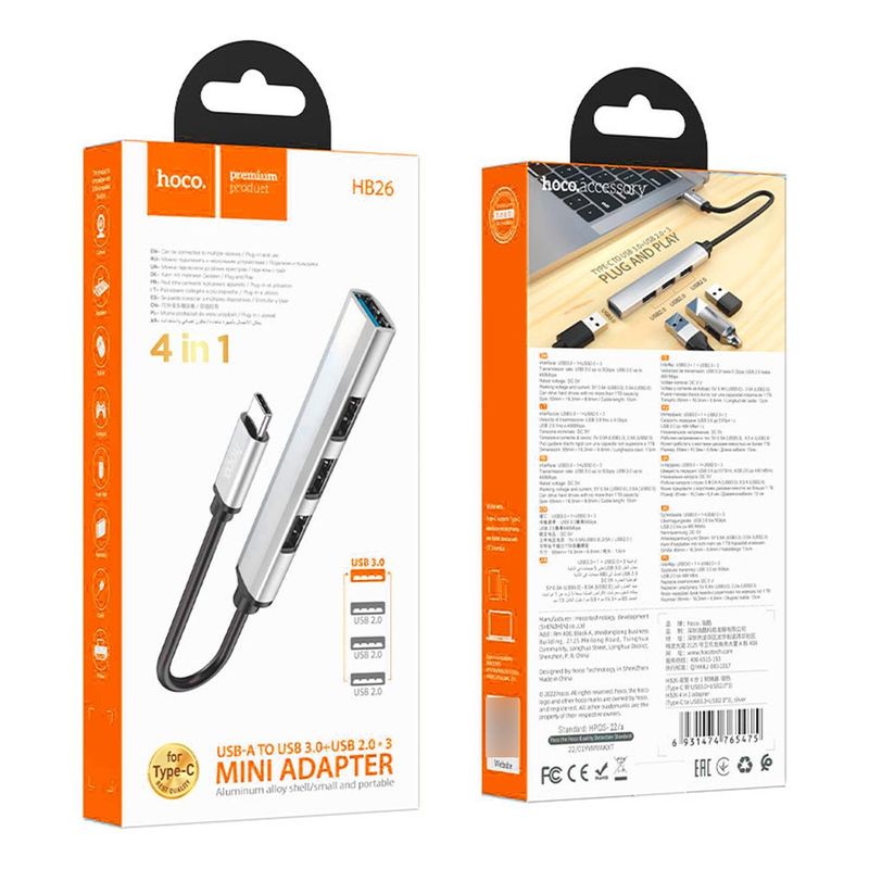 HOCO - HUB USB HOCO PREMIUM HB26 4 EN 1 3.0