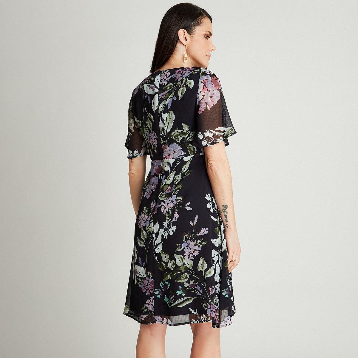 LORENZO DI PONTTI - Vestido Midi Azul Estampado Floral Manga Corta Cuello V