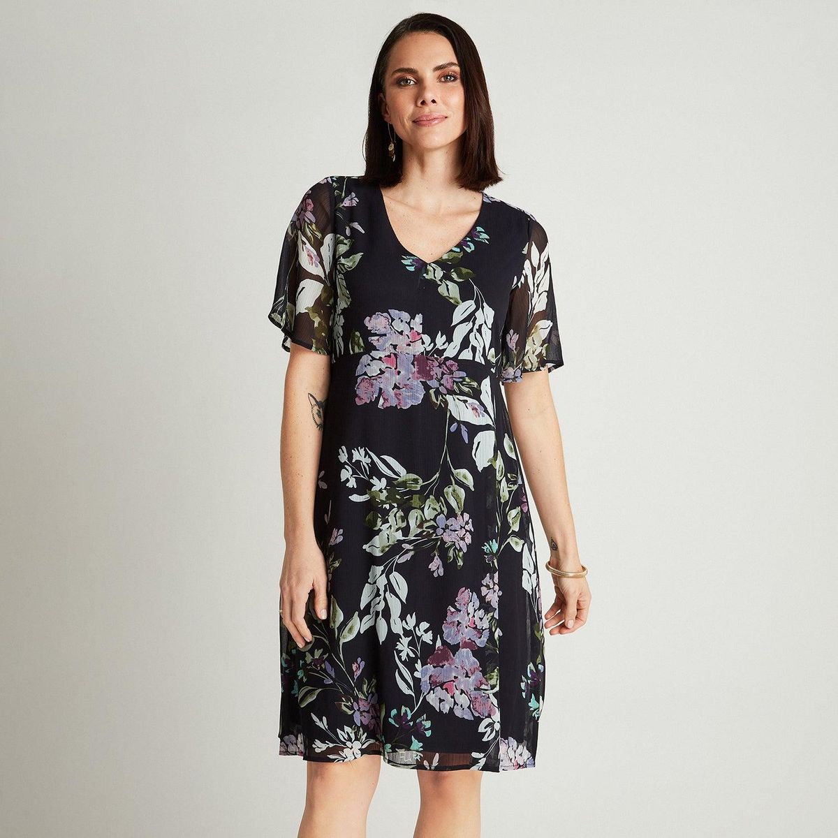 LORENZO DI PONTTI - Vestido Midi Azul Estampado Floral Manga Corta Cuello V