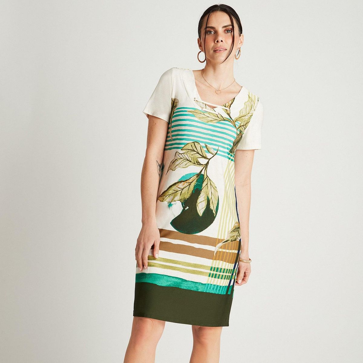 LORENZO DI PONTTI - Vestido Midi Verde Manga Corta Estampado Cuello V