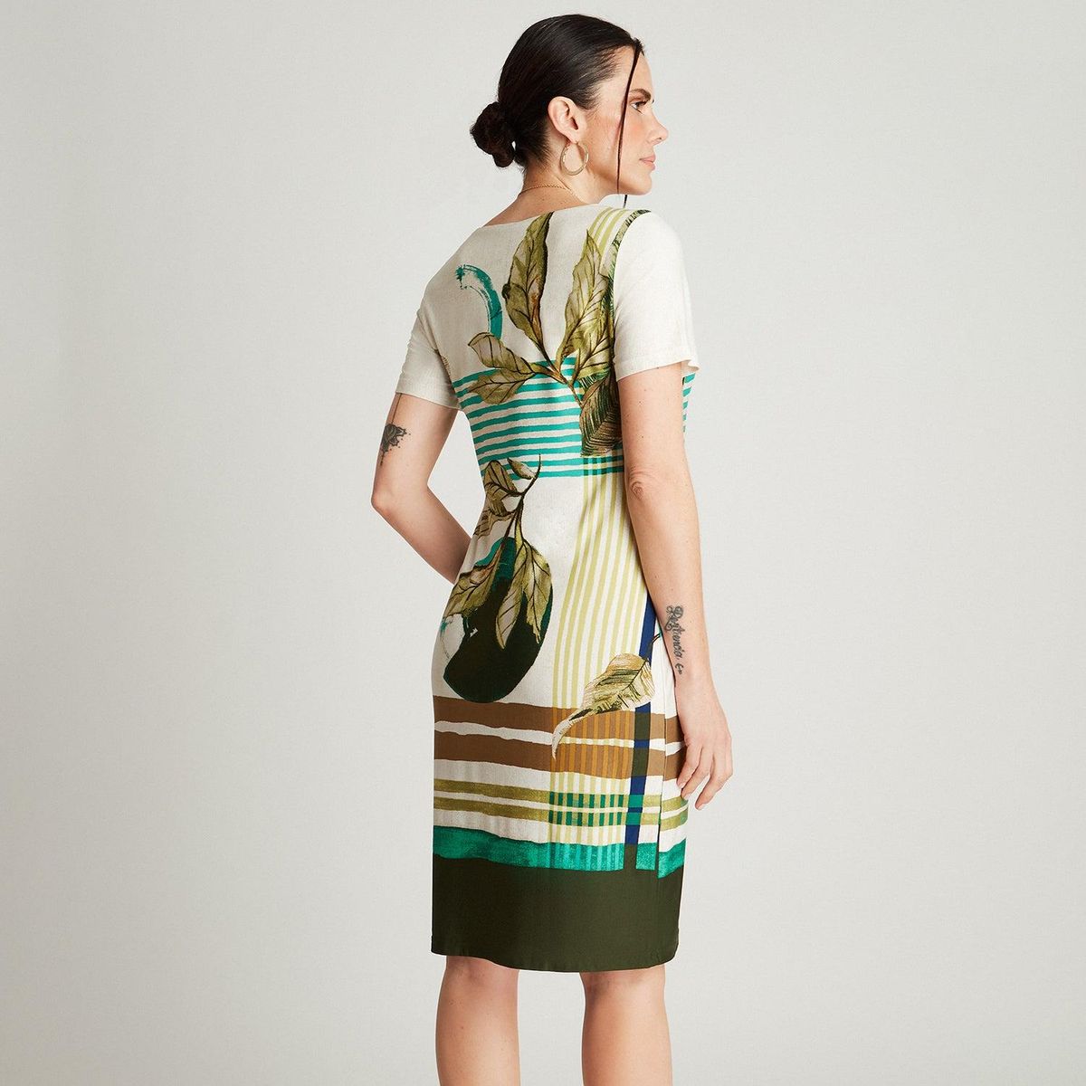 LORENZO DI PONTTI - Vestido Midi Verde Manga Corta Estampado Cuello V