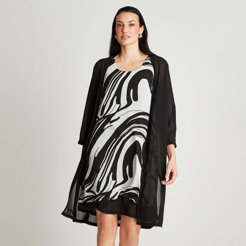 LORENZO DI PONTTI - Vestido Midi Negro Con Tapadito Estampado Cuello Redondo