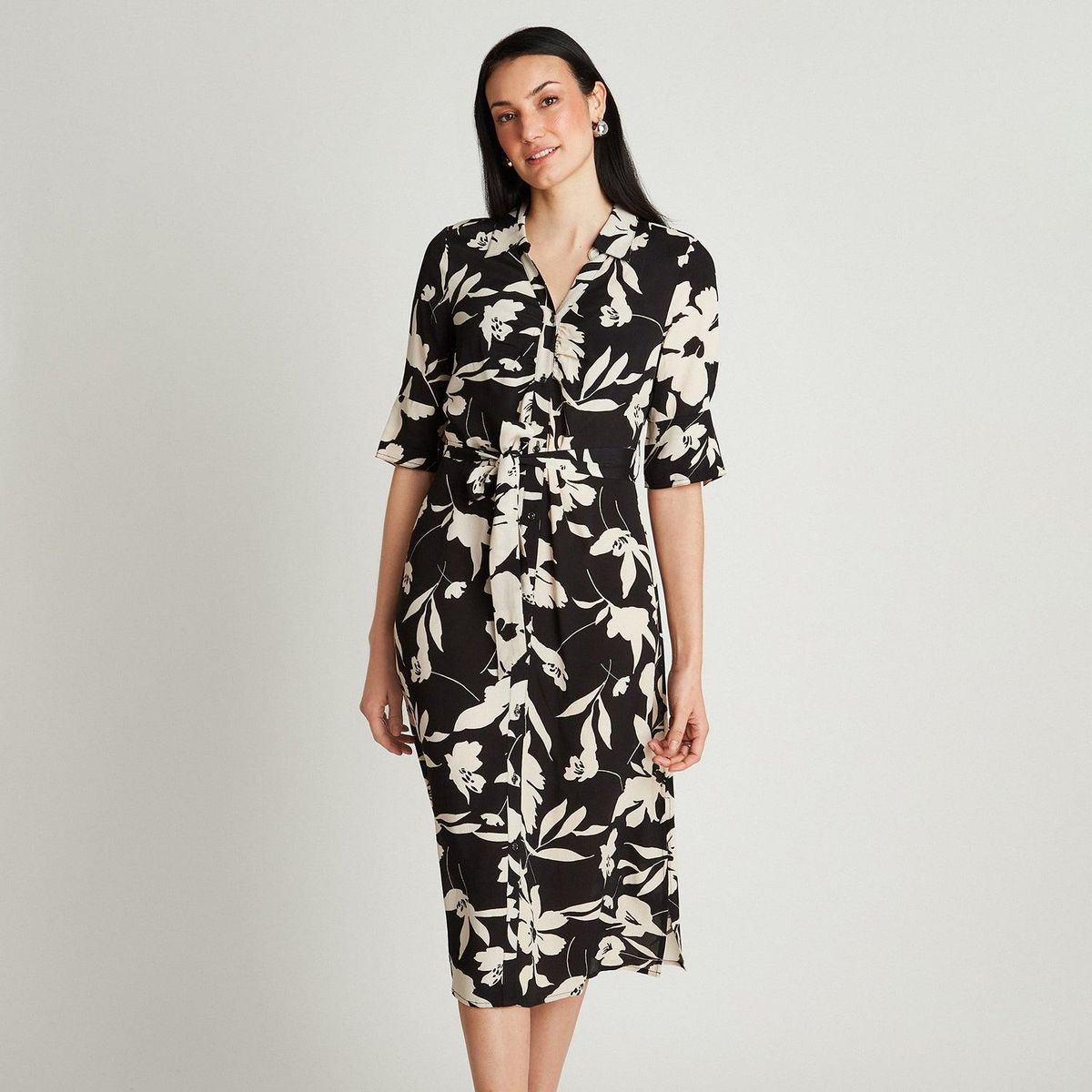 LORENZO DI PONTTI - Vestido Midi Negro Manga Codo Estampado Cuello Camisero