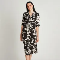 Vestido Midi Negro Manga Codo Estampado Cuello Camisero