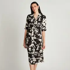 LORENZO DI PONTTI - Vestido Midi Negro Manga Codo Estampado Cuello Camisero
