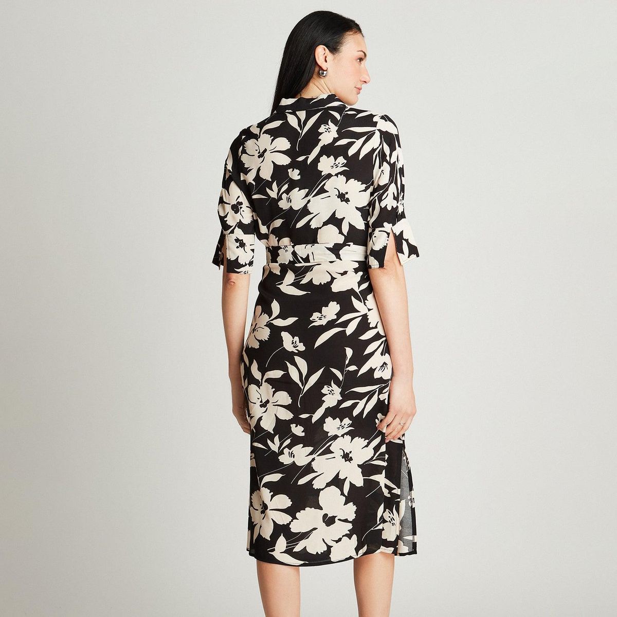 LORENZO DI PONTTI - Vestido Midi Negro Manga Codo Estampado Cuello Camisero