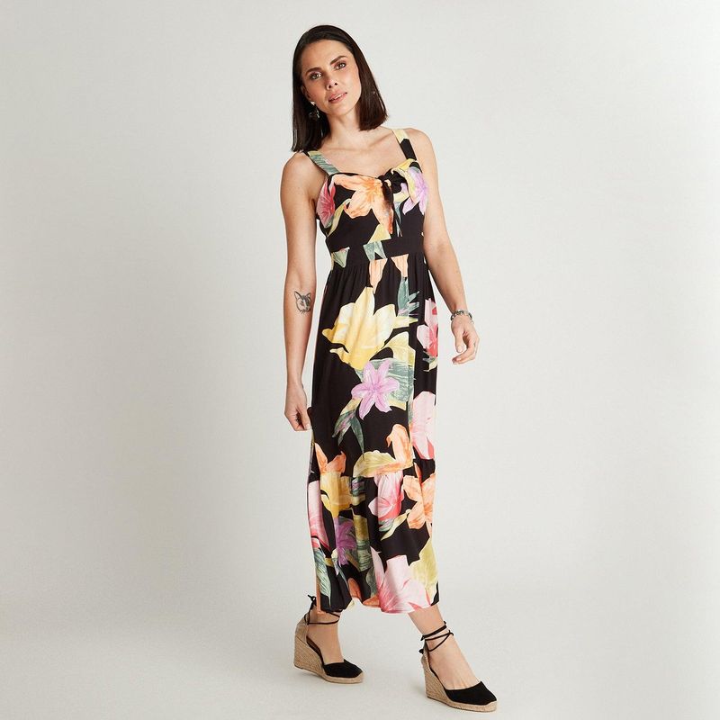 CURVI - Vestido Maxi Negro Estampado Tirantes