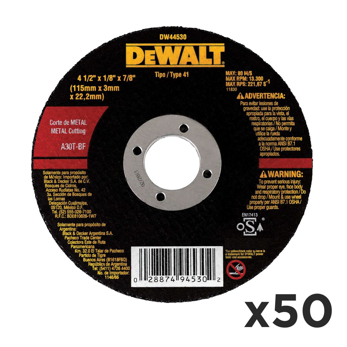 DEWALT - Pack 50 disco abrasivo corte metal 4-1/2' DEWALT DW44530 X50