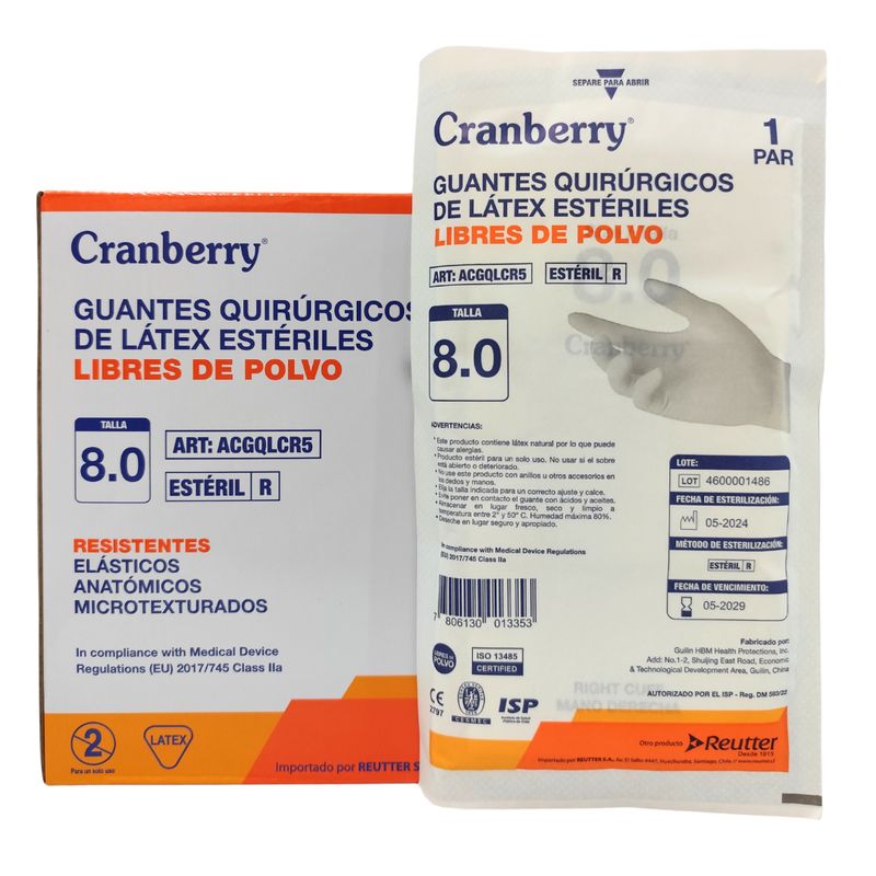 CRANBERRY - Guantes Quirúrgicos Látex Libre de Polvo Estéril Pack 5 Pares Talla 8