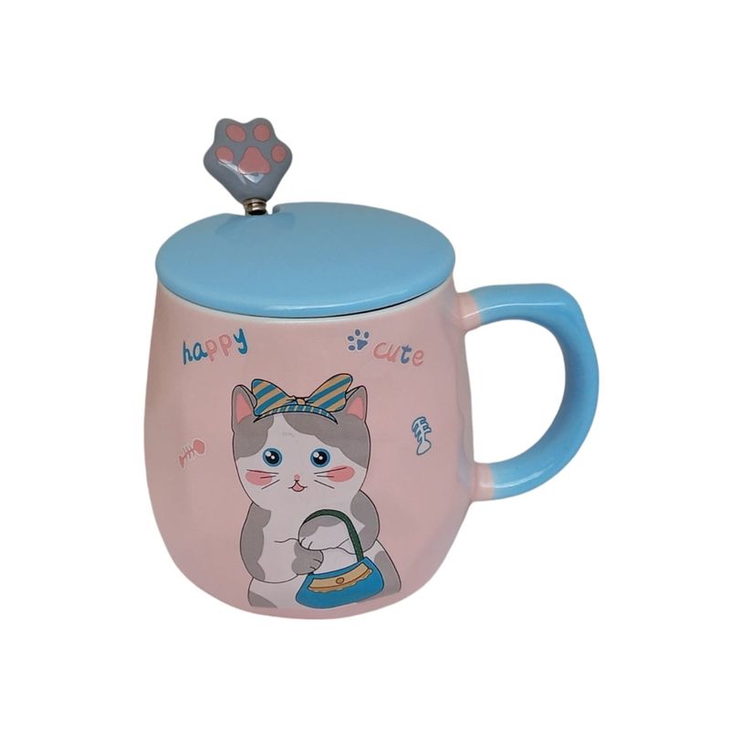GENERICO - Mug, Taza Cerámica Diseño Gatitos  Kawaii, Con Tapa, 430 Ml