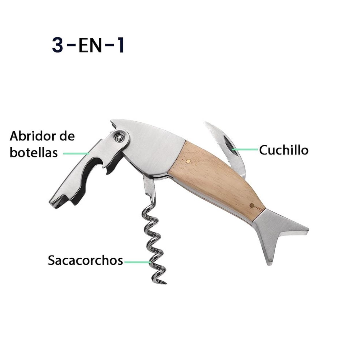 MONTREAL - Sacacorchos Destapador Pez Acero-madera Náutico Montreal