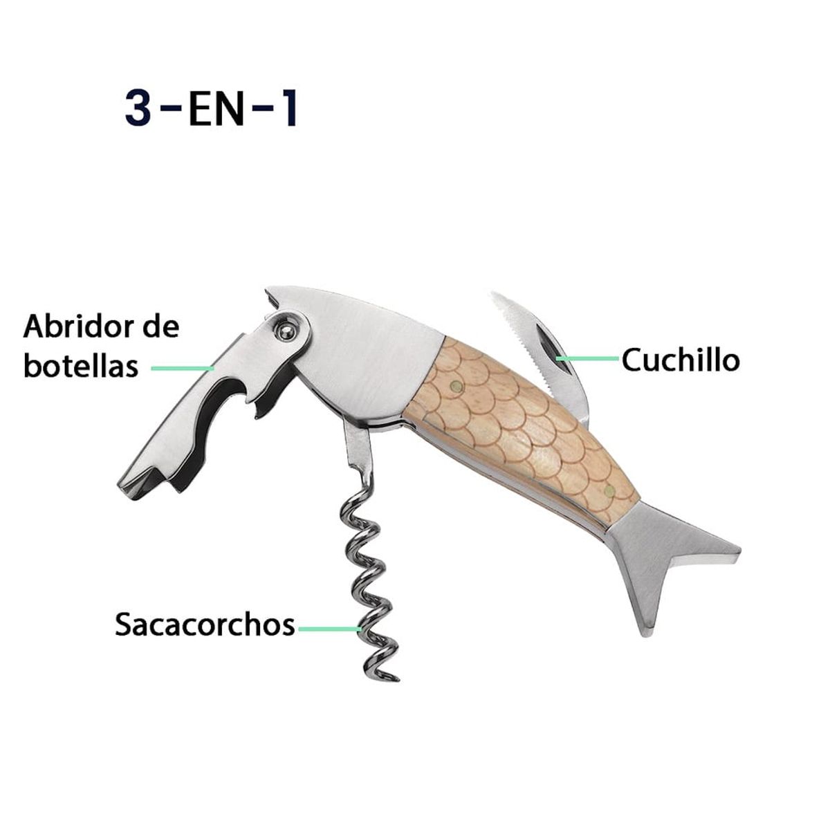 MONTREAL - Sacacorchos Destapador Pez Acero-madera Náutico Montreal