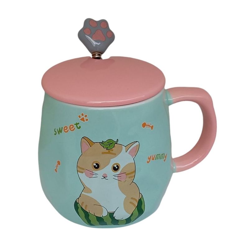 GENERICO - Mug, Taza Cerámica Diseño Gatitos  Kawaii, Con Tapa, 430 Ml