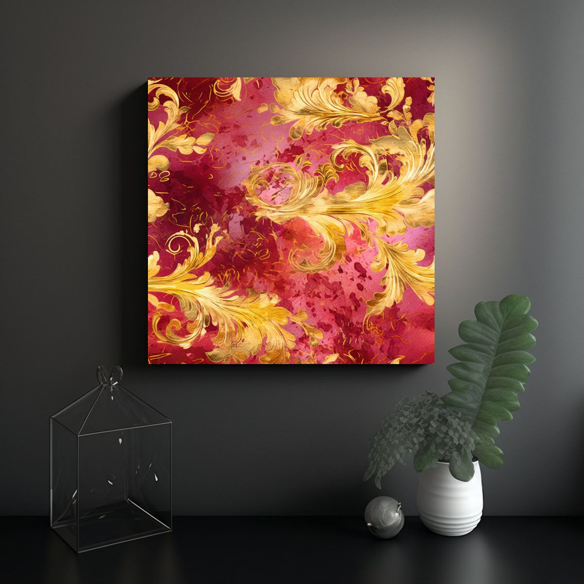 GENERICO - Cuadro Abstracto De Patrón De Rubí Y Oro Estilo 90x90 Cm.