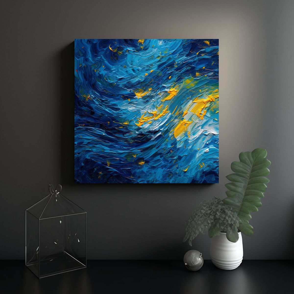 GENERICO - Cuadro Abstracto Estilo Van Gogh Moderno Azul 90x90 Cm