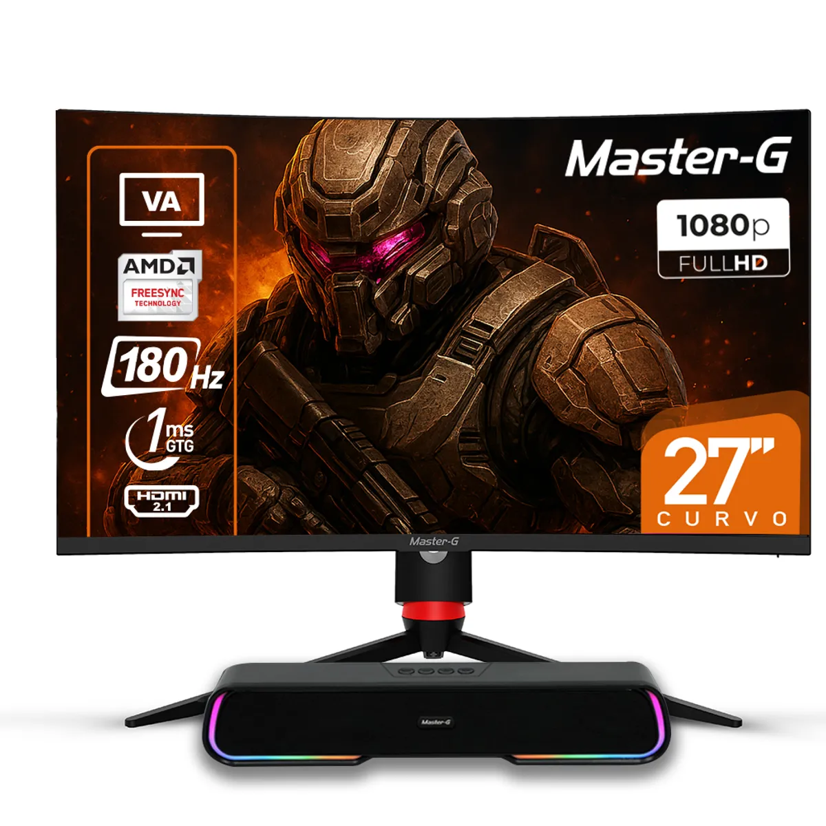 MASTER G - Pack Monitor Gamer 27" Curvo FHD 1080 VA 180hz 1ms + Soundbar BT