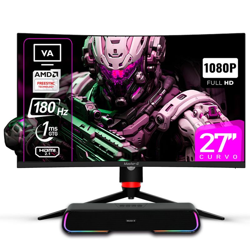 MASTER G - Pack Monitor Gamer 27" Curvo FHD 1080 VA 180hz 1ms + Soundbar BT