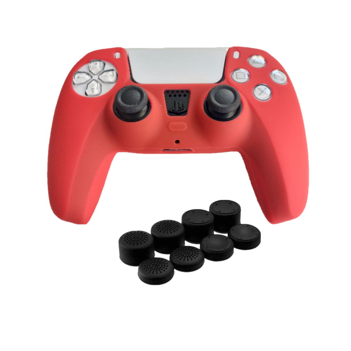 GENERICO - Funda Para Control Ps5 Dualsense + 8 Grips Rojo