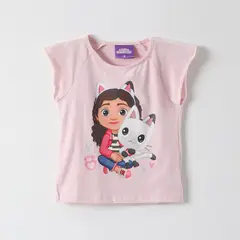 LA CASA DE GABBY - Polera Manga Corta Niña Gabby y su Gatito Rosado