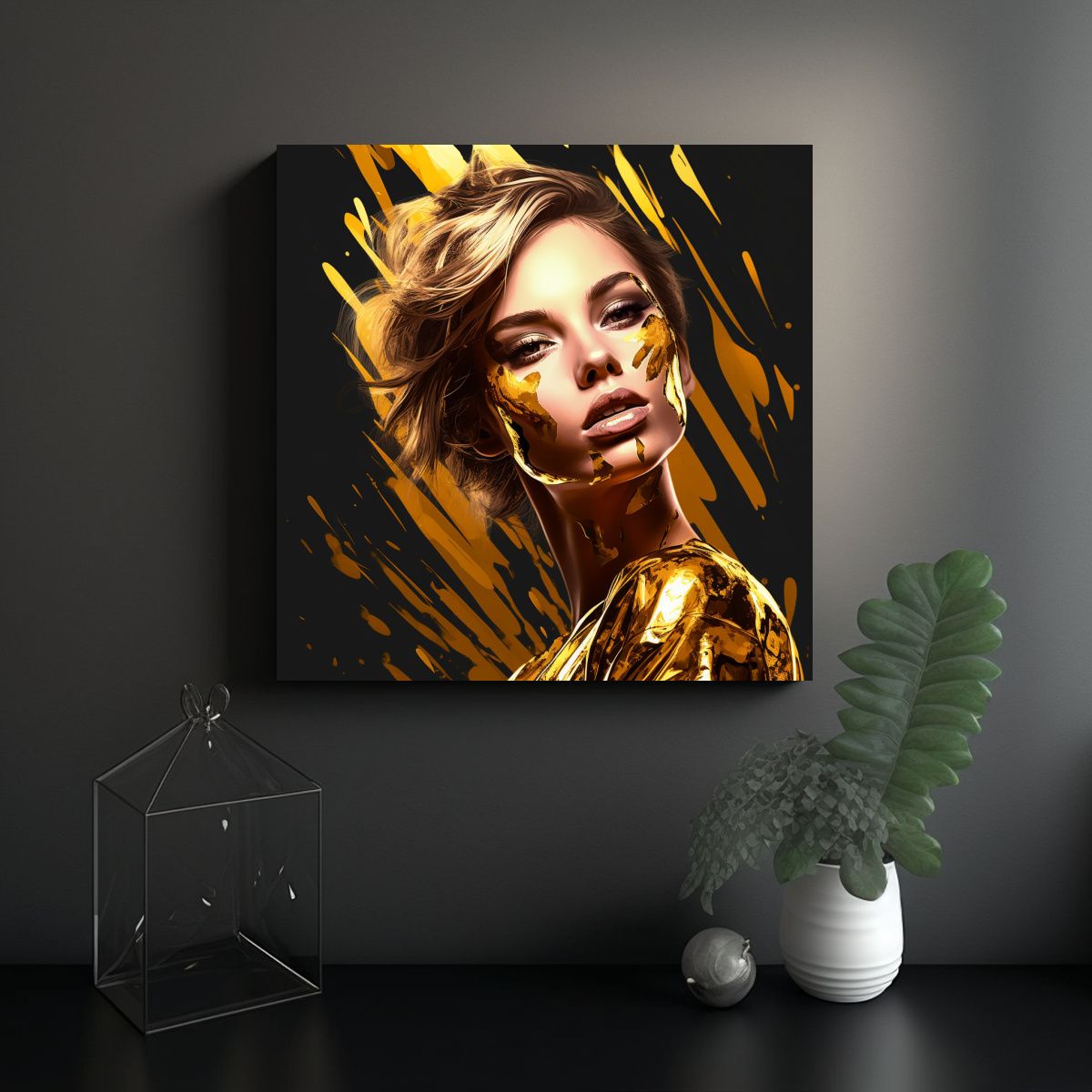 GENERICO - Retrato Mujer Joven Pintada En Dorado Sobre 50x50 Cm