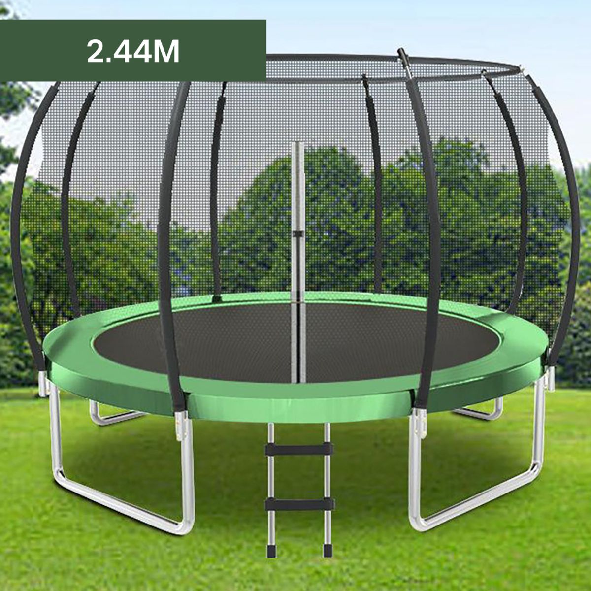 PWRFITNESS - Cama Elastica con malla y Escalera 2.44 mt Verde PWRFitness