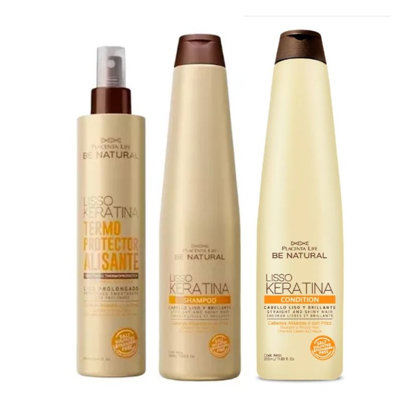 PLACENTA LIFE BE NATURAL - Set Lisso Keratina Shampoo Y Acondicionador Termo Protector Be Natural