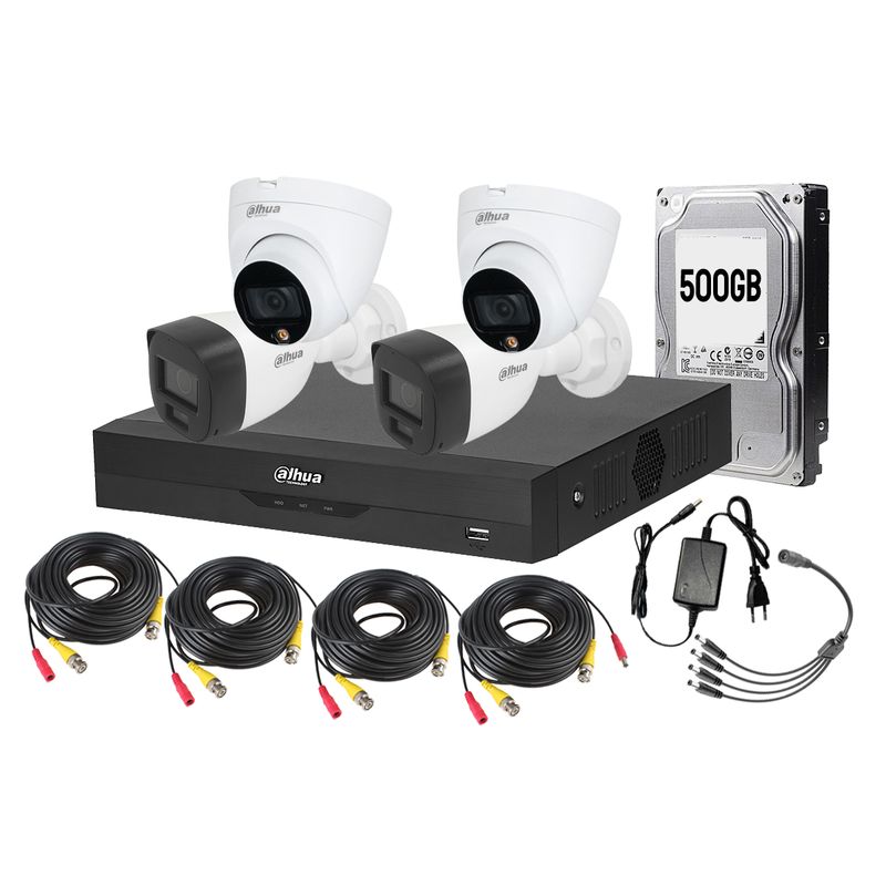 DAHUA - Kit 4 Camaras Full Color Noche Dahua 2 Bala 2 Domo 1080p Lite 2mp Dd 500gb