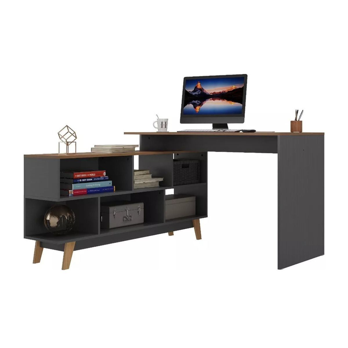 TODODESCUENTO - Escritorio Apolo Esquinero 4 Estantes 2 Cajones Y Repisa