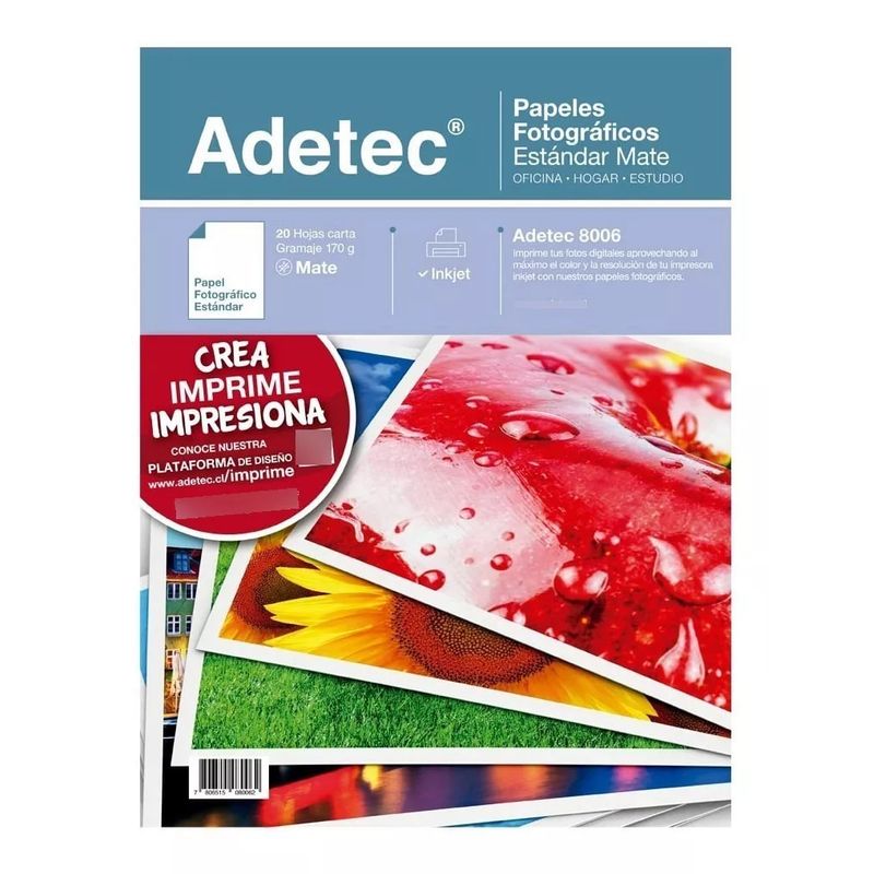 ADETEC - Papel Fotográfico Inkjet Mate Carta 170 g X 20 Hojas - 8006