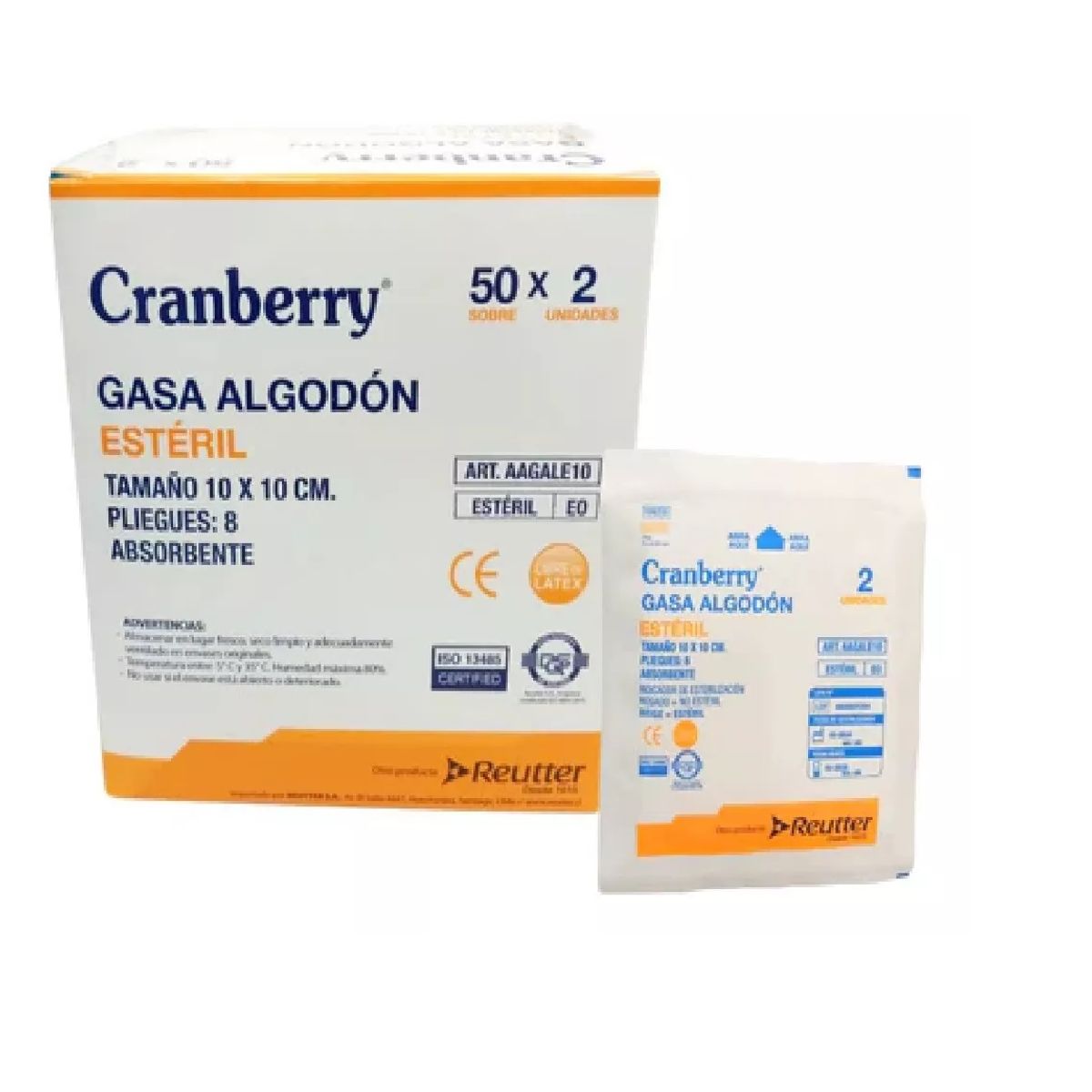 CRAMBERRY - Gasa Algodón Esteril 10x10 Caja 50 Sobres X 2uni 8 Pliegues