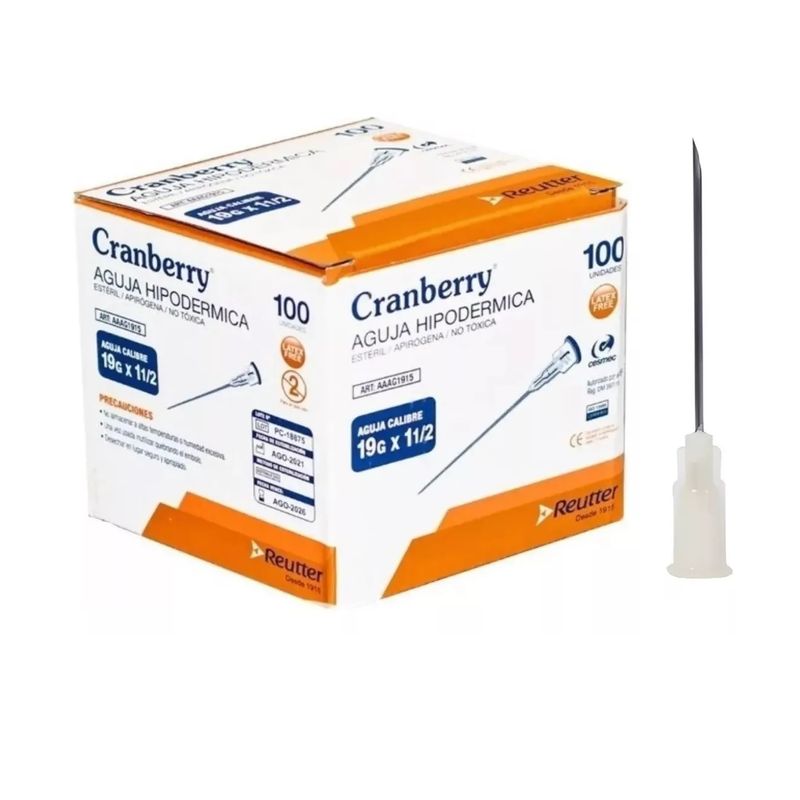 CRAMBERRY - Aguja Hipodermica 19g X 1 1/2 Cranberry Caja 100 Unidades